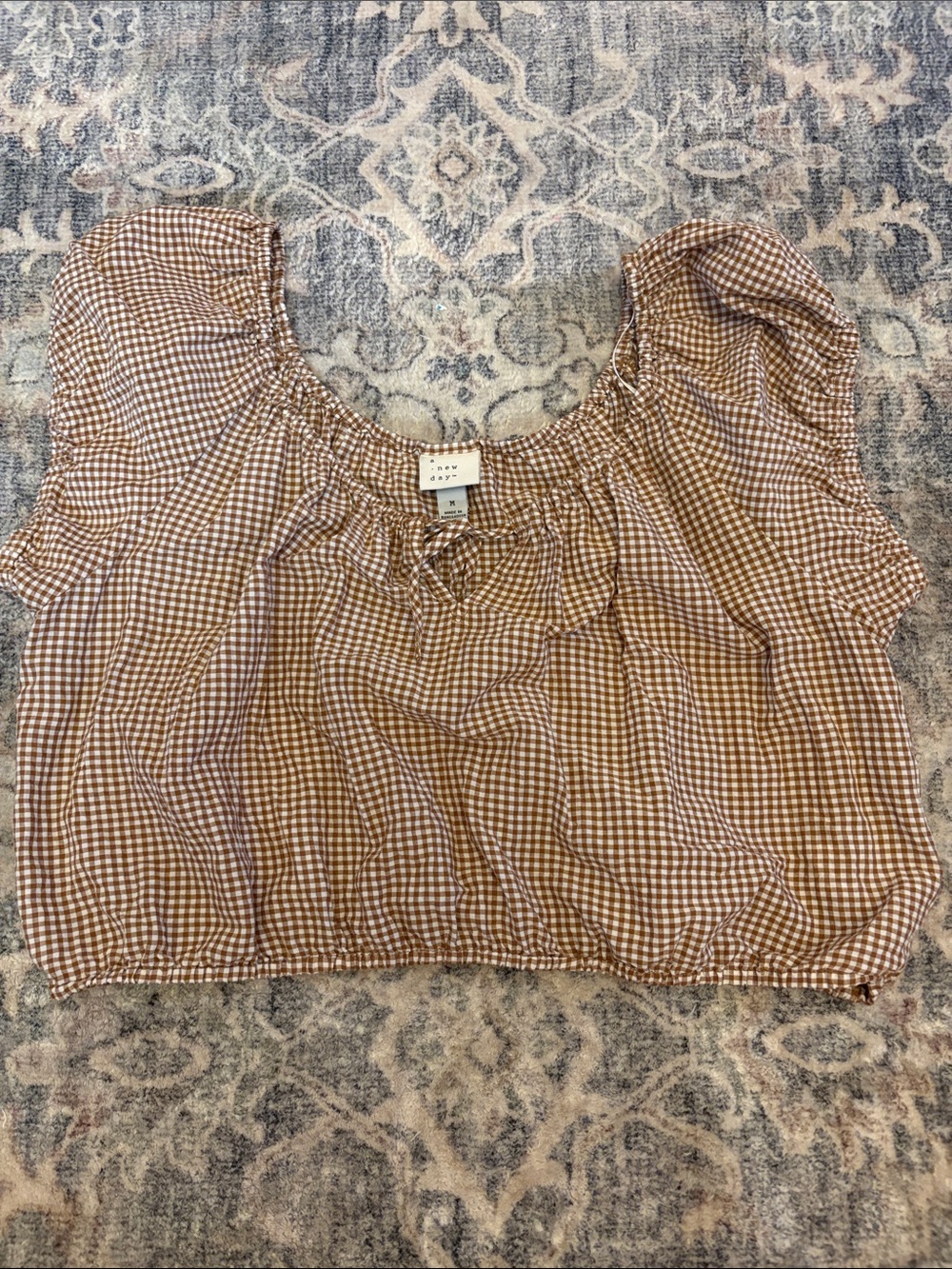 a new day Brown Gingham Puff-Sleeve Crop Top